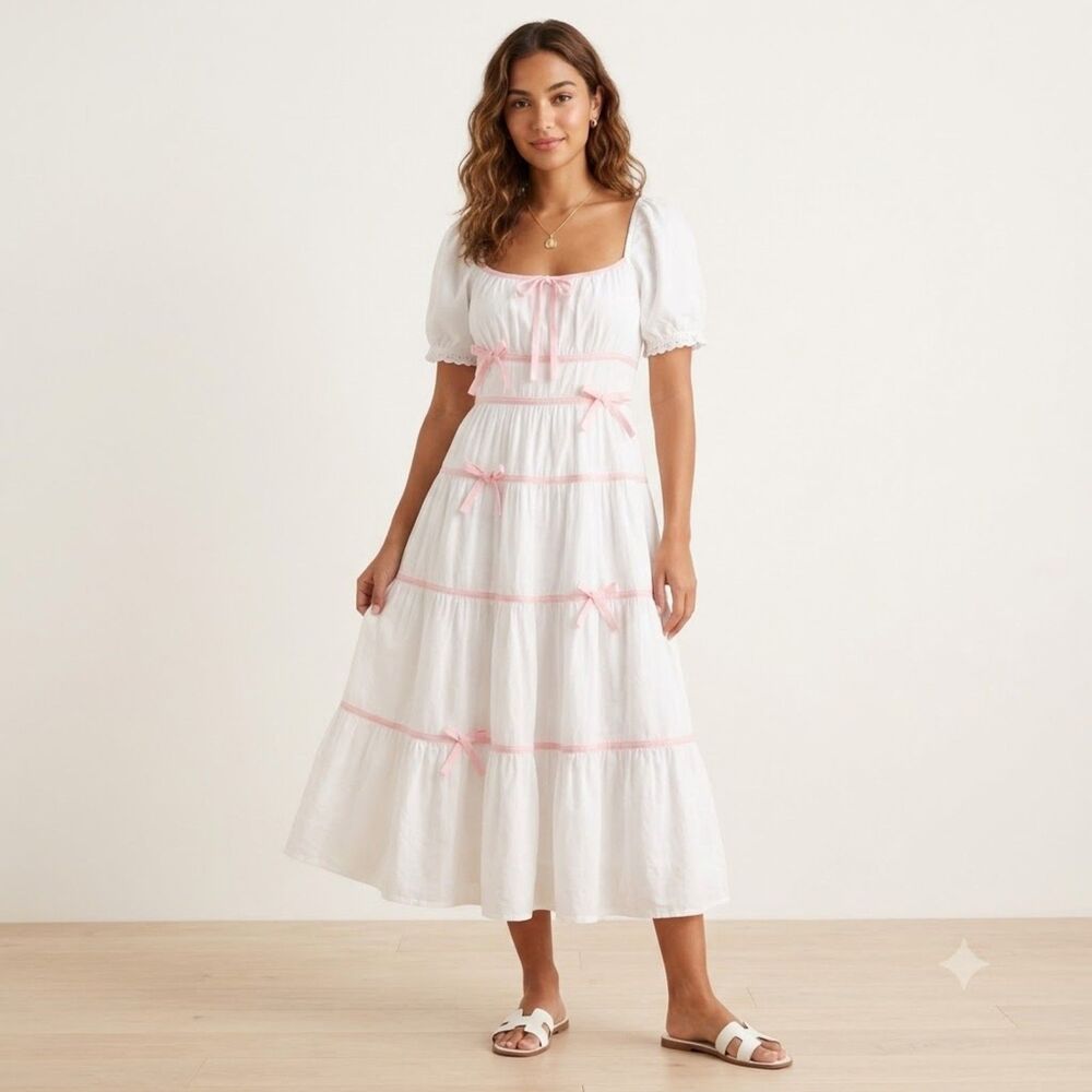 NWT One Loved Babe Cottagecore White Milkmaid Midi Dress Pink Bows XS